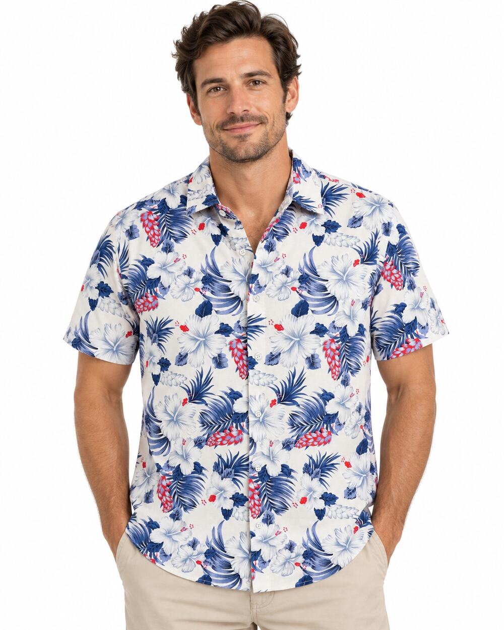 Steele Men’s XL Tropical Floral Shirt White Blue Red Cotton Jersey 46" Chest
